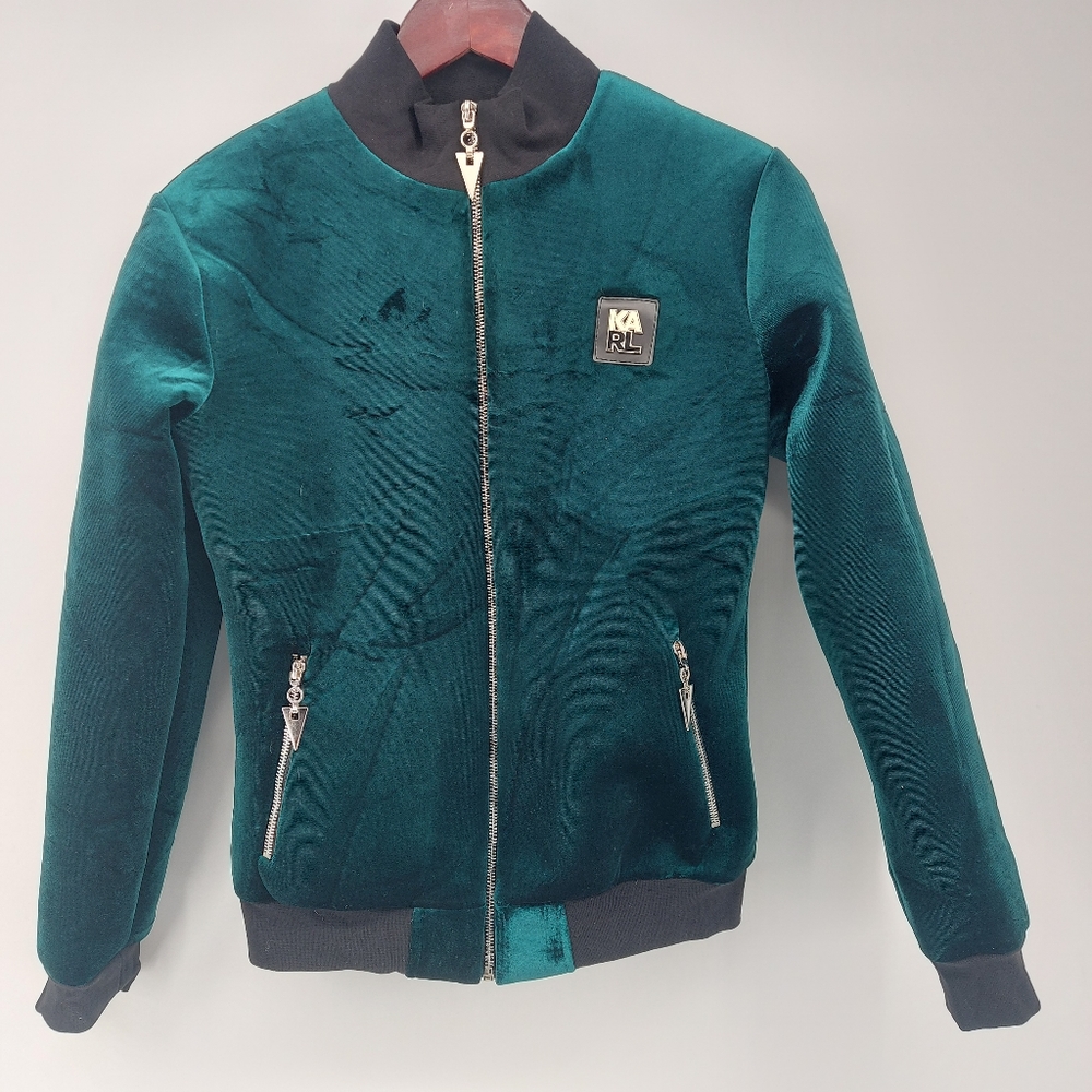 Karl Lagerfeld Green Velour Cropped Bomber Jacket Size Small